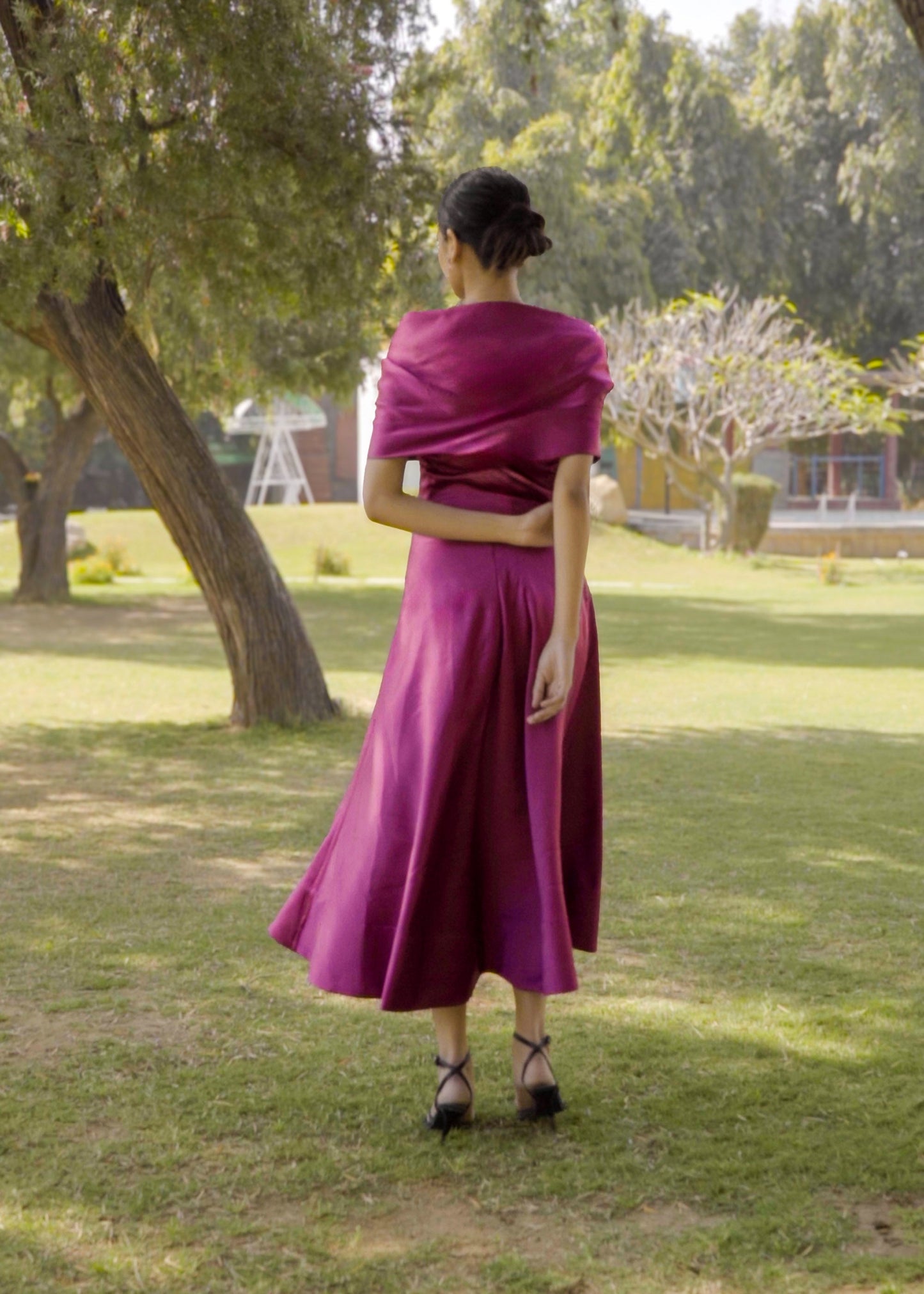 Bougainvillea Purple Milano Satin Off Shoulder Dress
