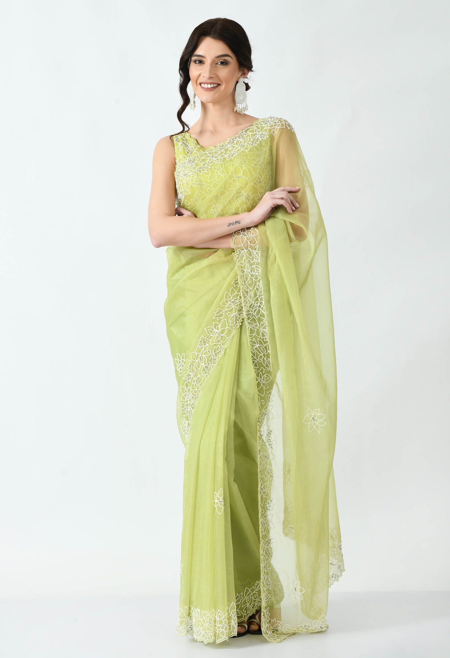 Lime Hand embroidered Organza Special Designer Saree for Bridesmaid