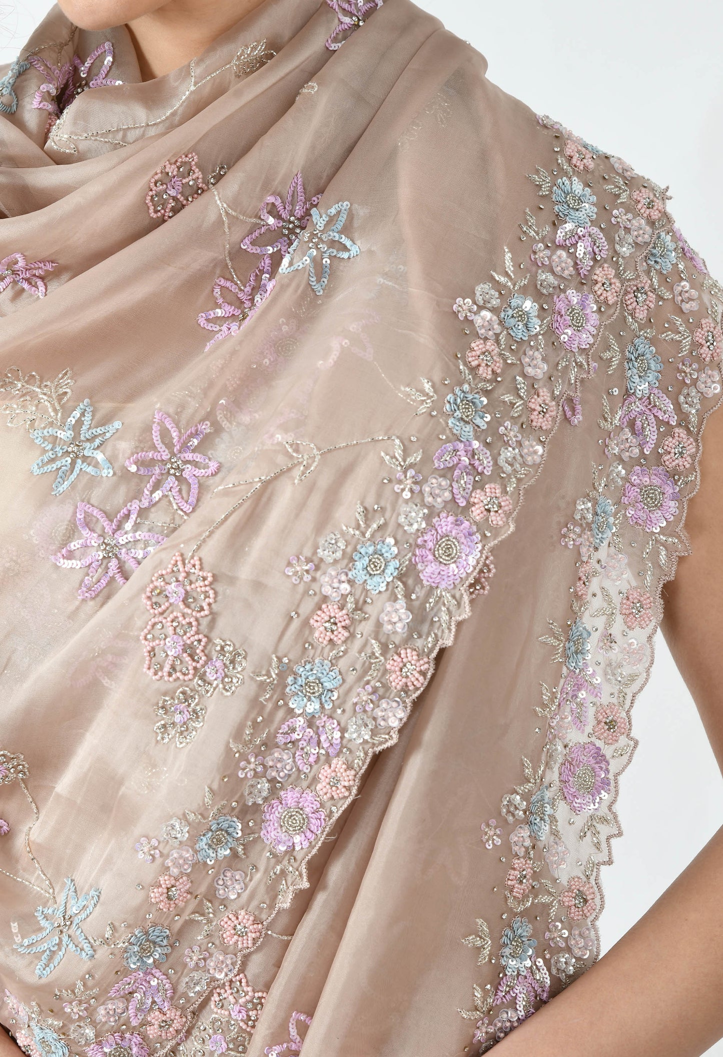 Beige Hand embroidered Floral Organza Special Designer Saree