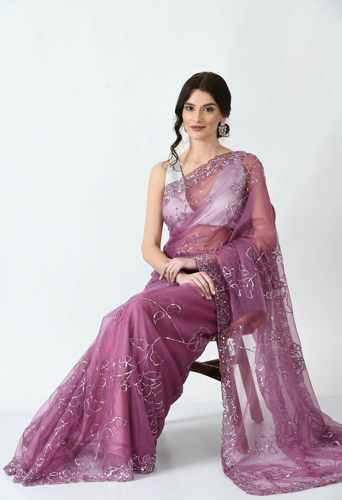 Peach Hand embroidered Organza Sleeveless Designer Saree for Wedding