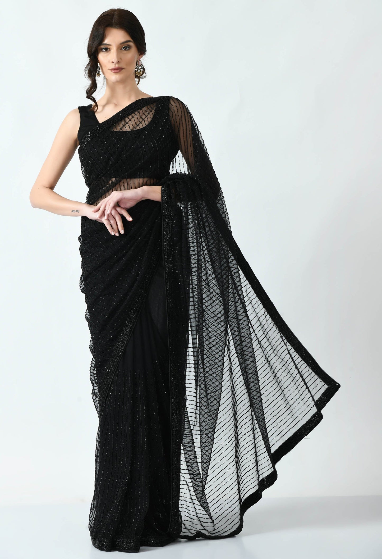 Black Hand embroidered Net Transparent Designer Saree for Cocktail