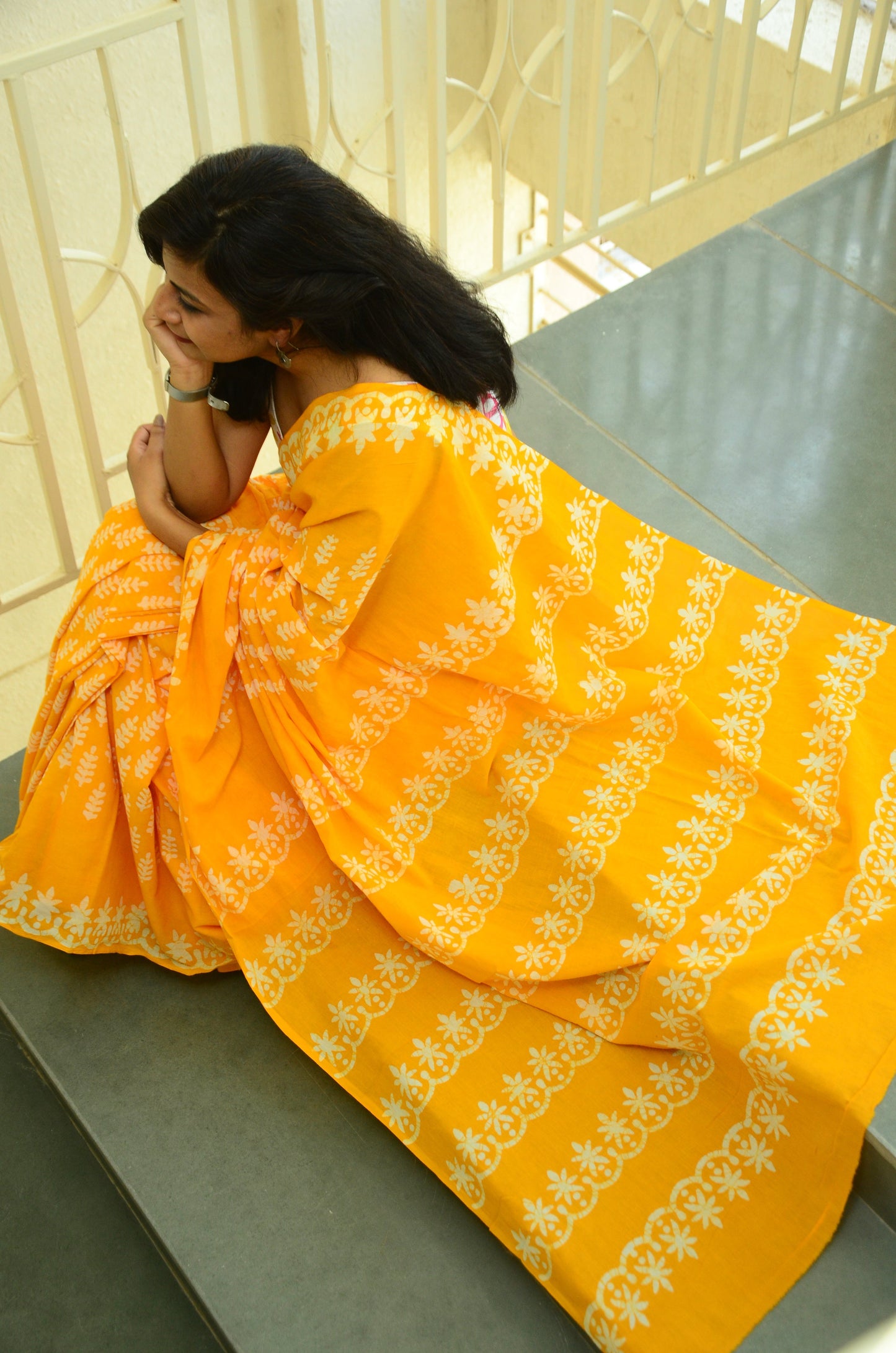 Summer Vacation Collection - Ammiya - Handblock Print Natural Dyed - Yellow Mulmul Cotton Saree