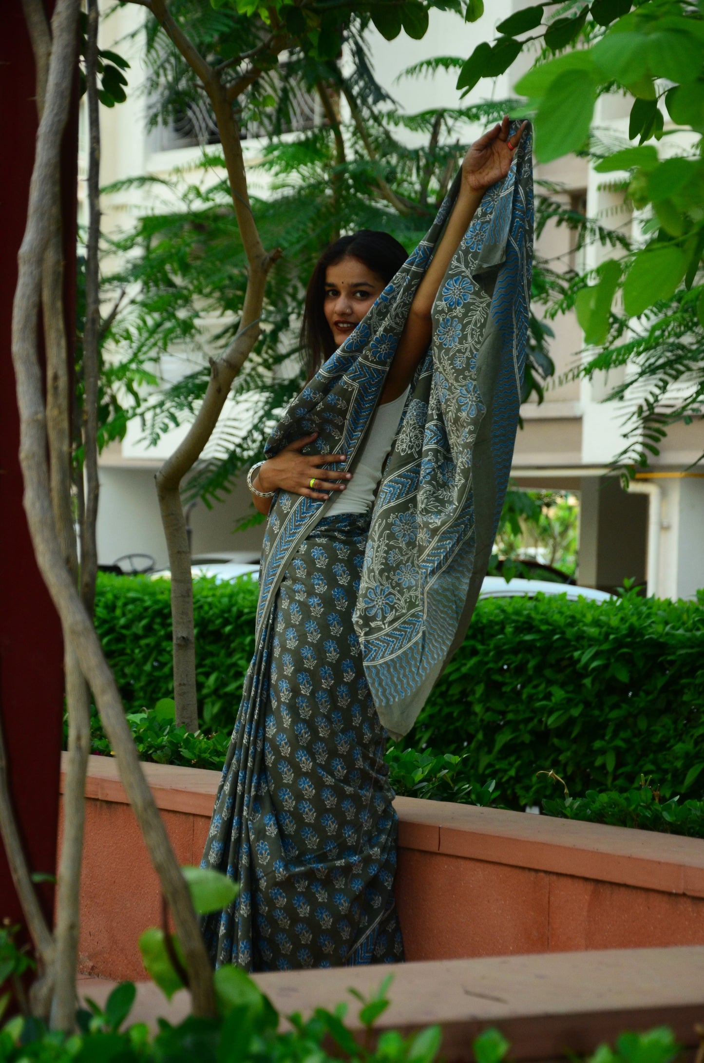 Foresta-Green Handblock Print Natural Dyed - Mulmul Cotton Saree