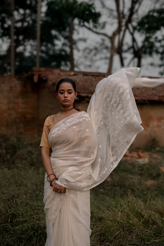 Handloom Off White Pure Cotton Jamdani Saree with White Woven Border