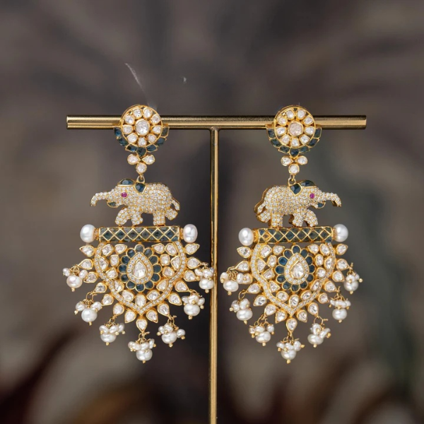 White Polki Studded with Zirconia Crystals Silver Earrings