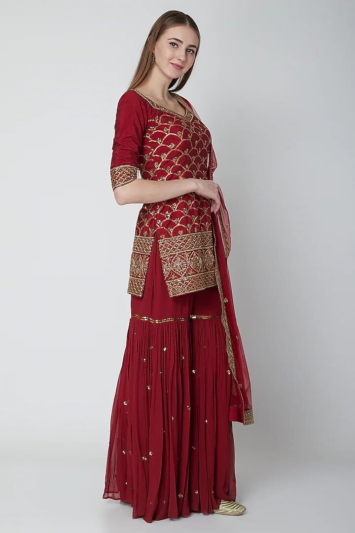 Maroon Silk Dabka & Gota Embroidered Motifs Sharara Set