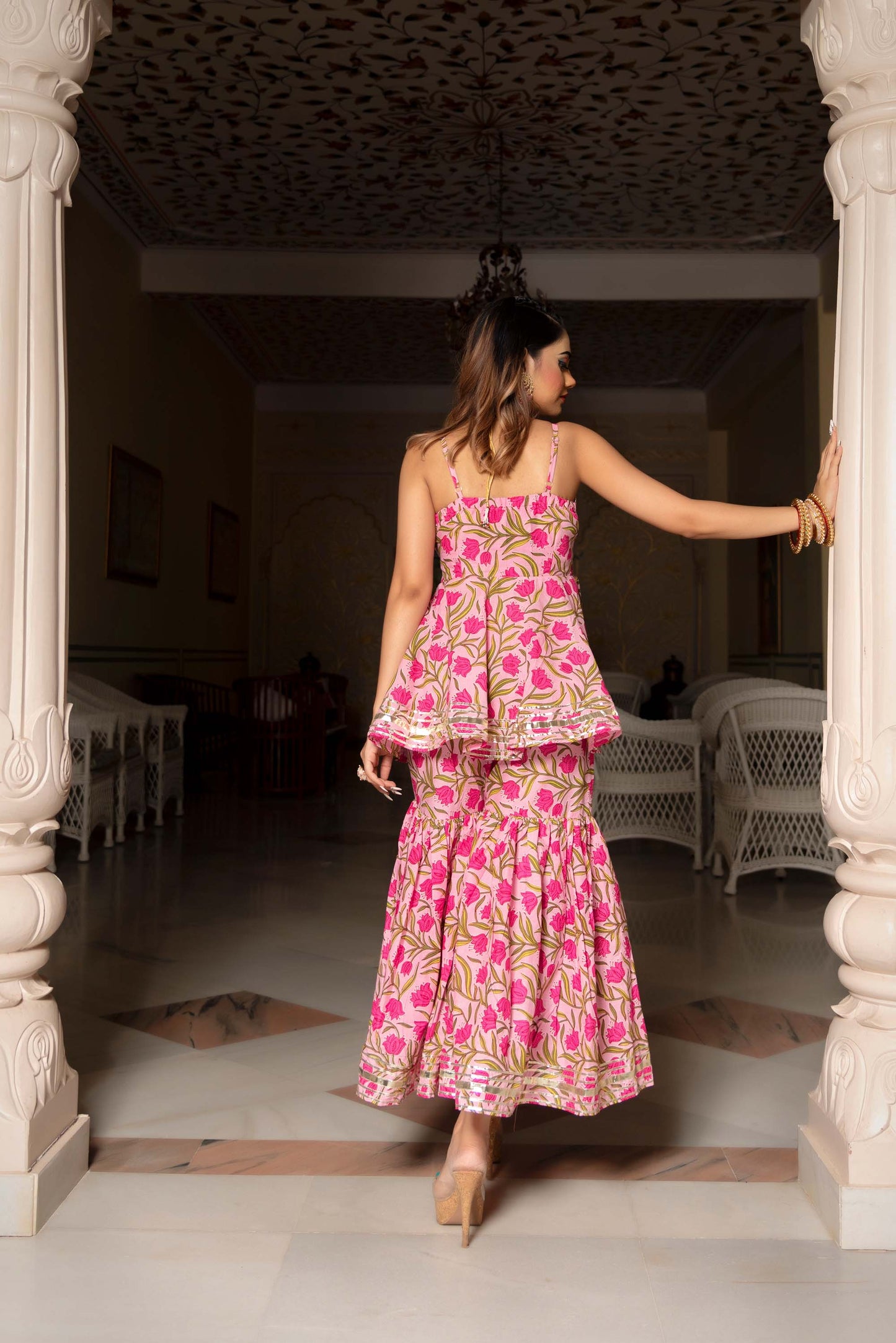 Jarokha Nazakat Pink Cotton Hand Block Sharara Set