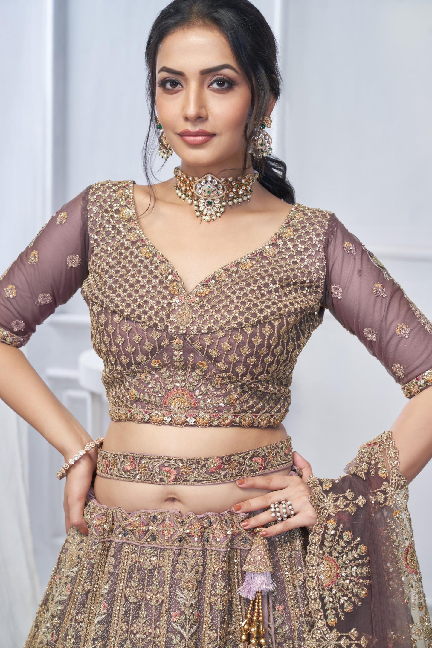 Purple Soft Net With Paisley And Peacock Motifs  Bridal Lehenga