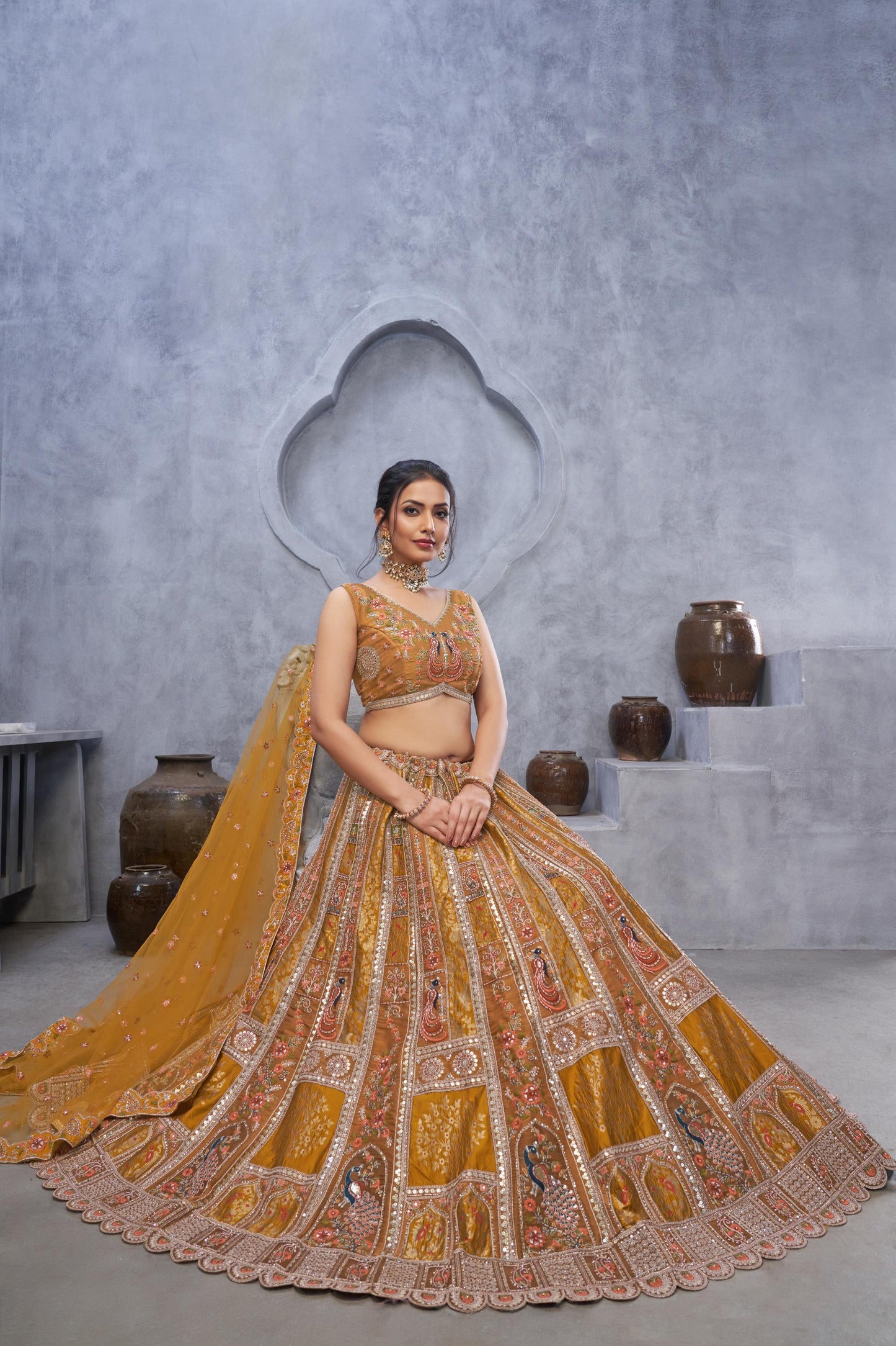 Mustard Banarasi Silk Zari Embroidery Bridal Lehenga