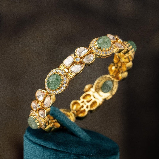 Gold and Green Stone Studded Silver Bangle