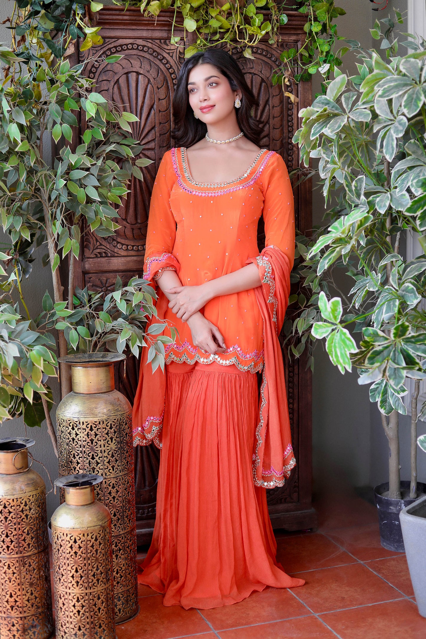 Orange Crepe Sharara Set