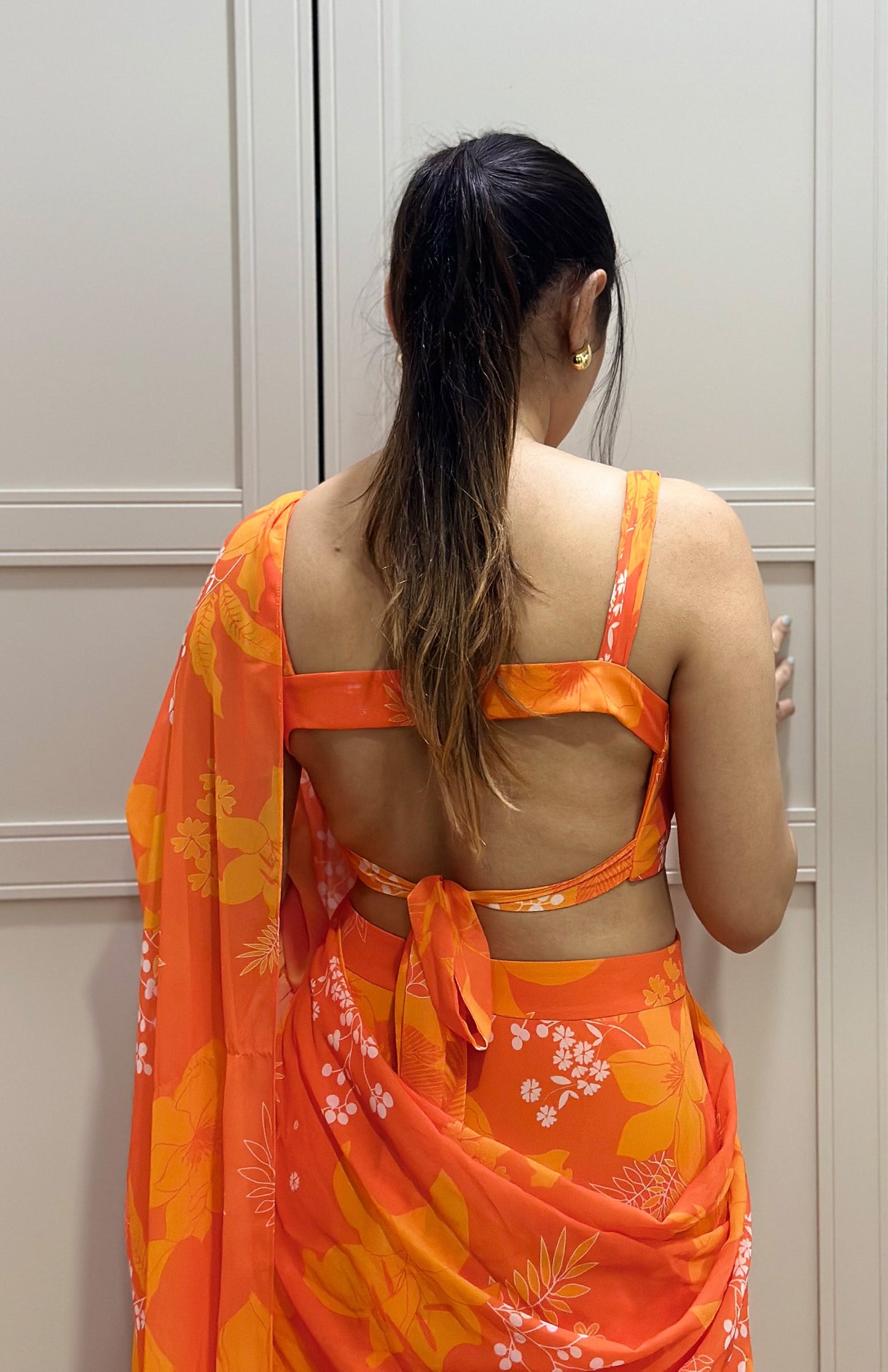 Yellow and Orange Printed Drape Wedding saree