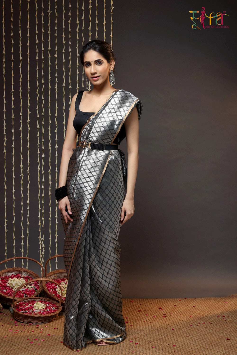 Handloom Silver & Black Chanderi Pure Silk Saree