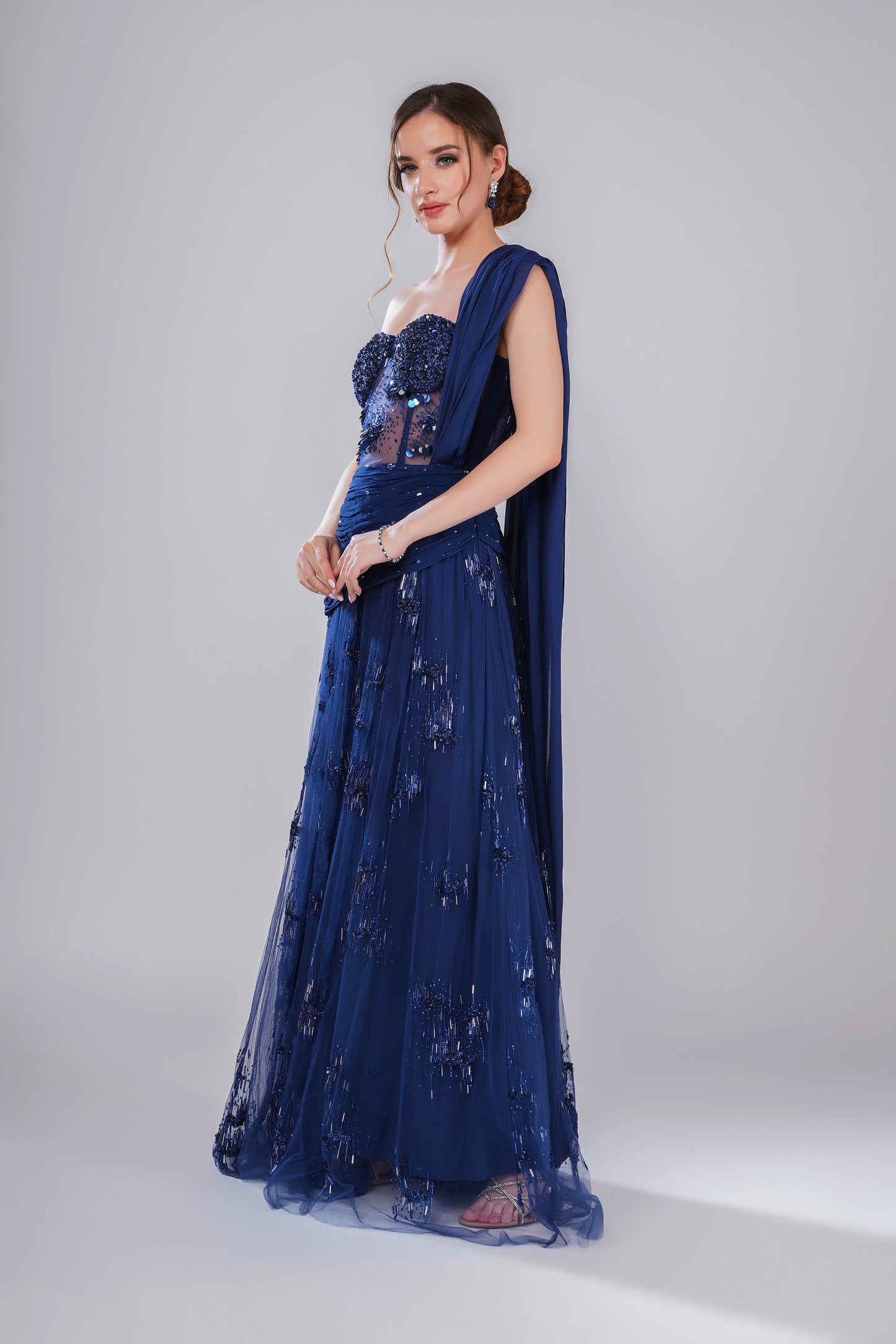 Astral Eon Deep Blue Tulle Sangeet Gown
