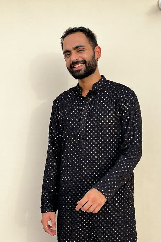 Black Cotton Embroidered Georgette Festive ( only Kurta )