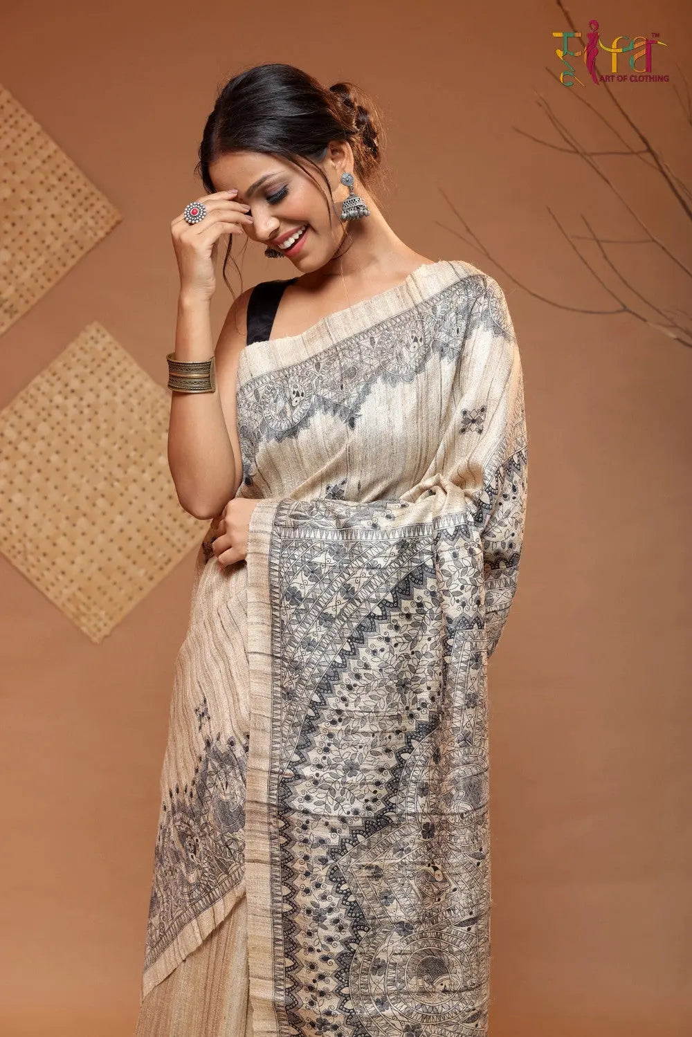 Camel Brown Handloom Tussar Silk Madhubani Art Saree