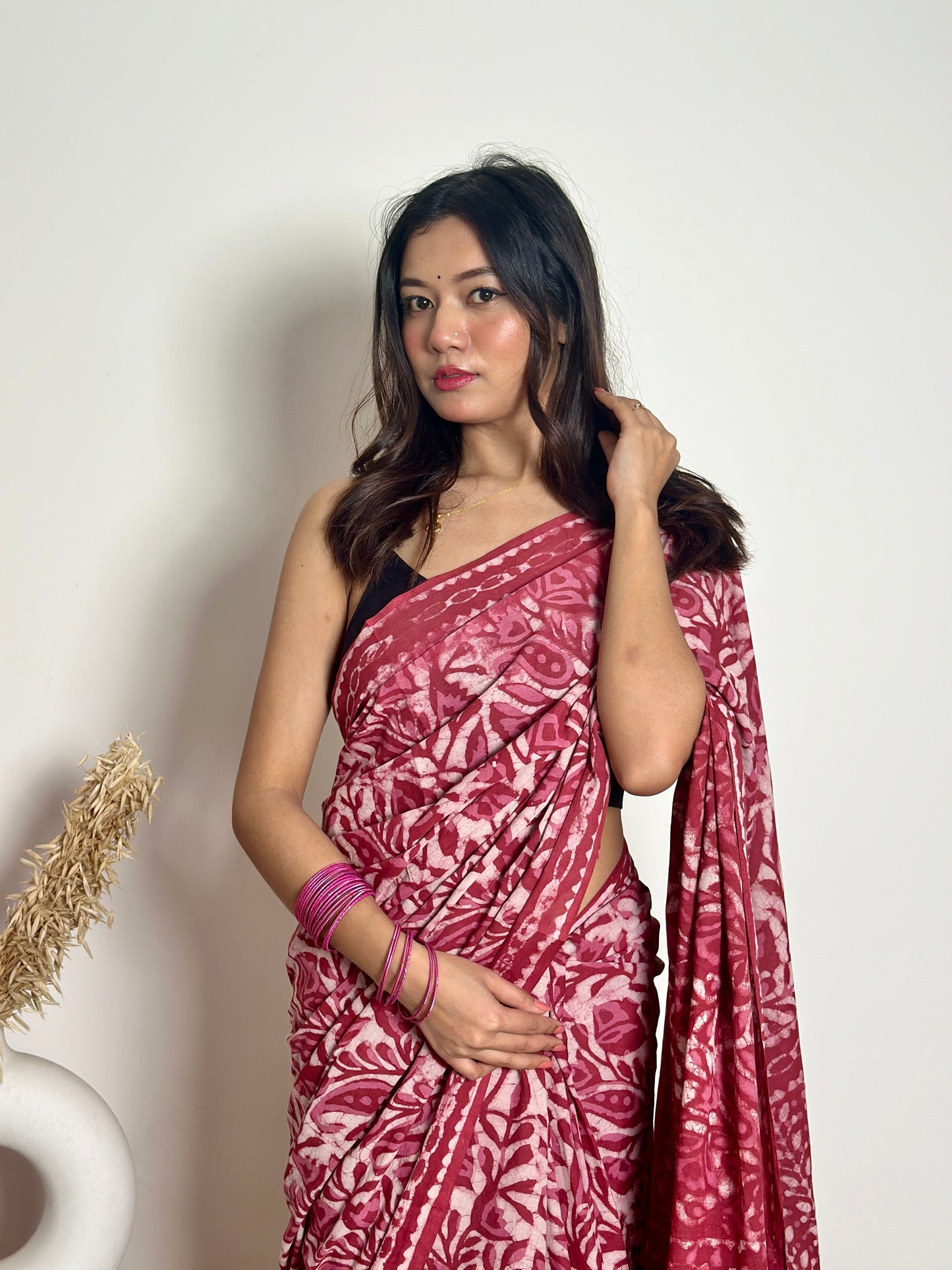 Bougainvillea -  Red Cotton Mulmul - Handblock Dabu Saree