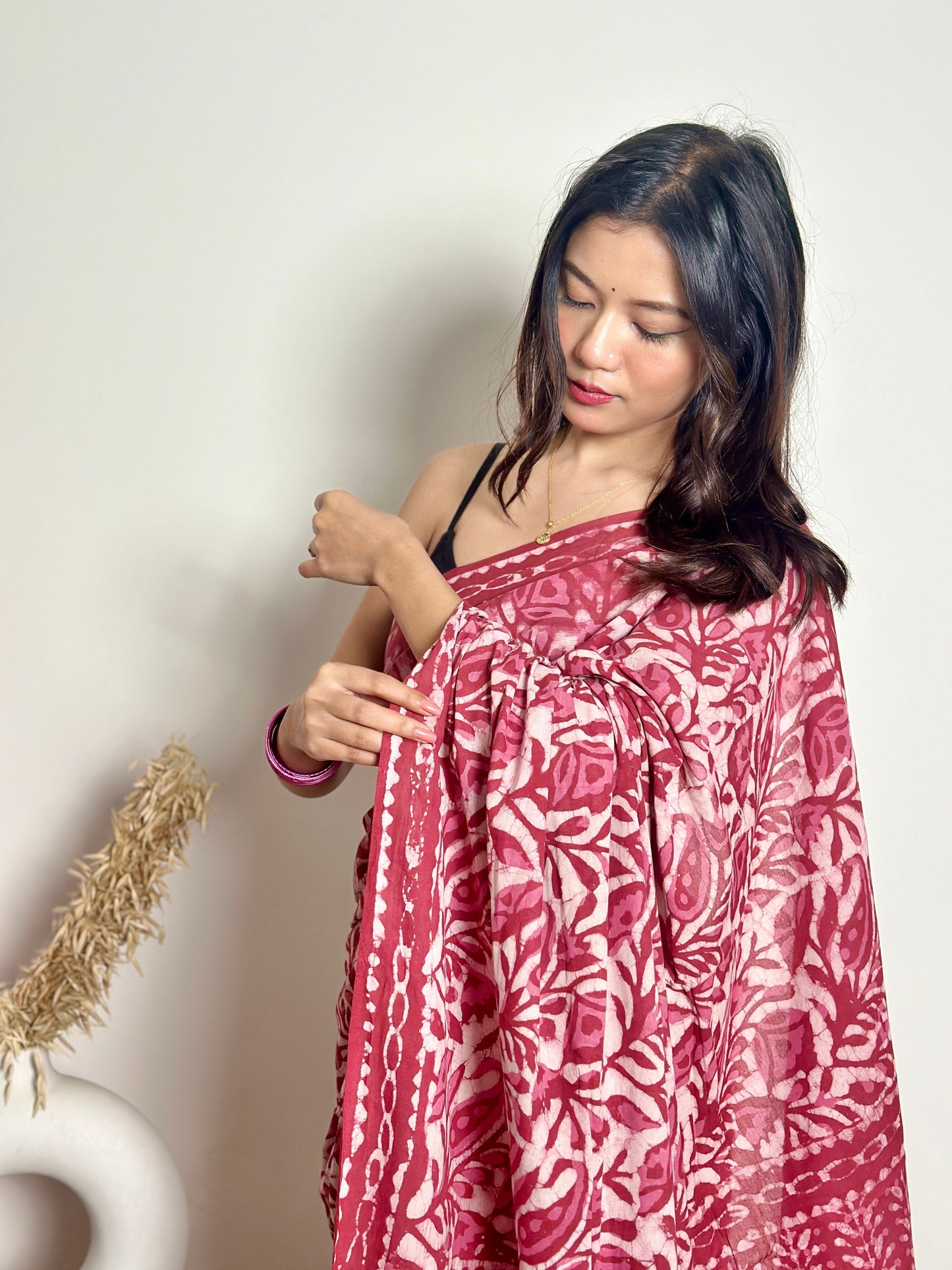 Bougainvillea -  Red Cotton Mulmul - Handblock Dabu Saree
