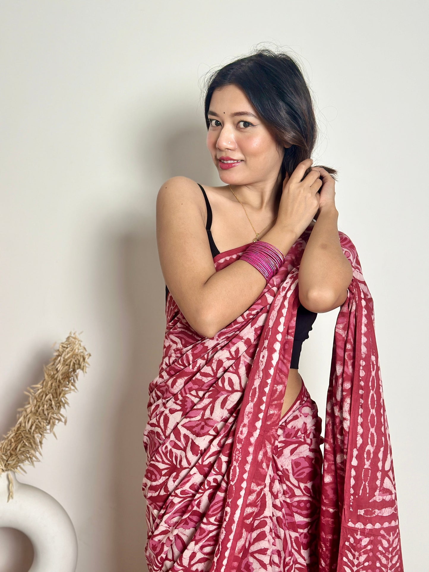 Bougainvillea -  Red Cotton Mulmul - Handblock Dabu Saree