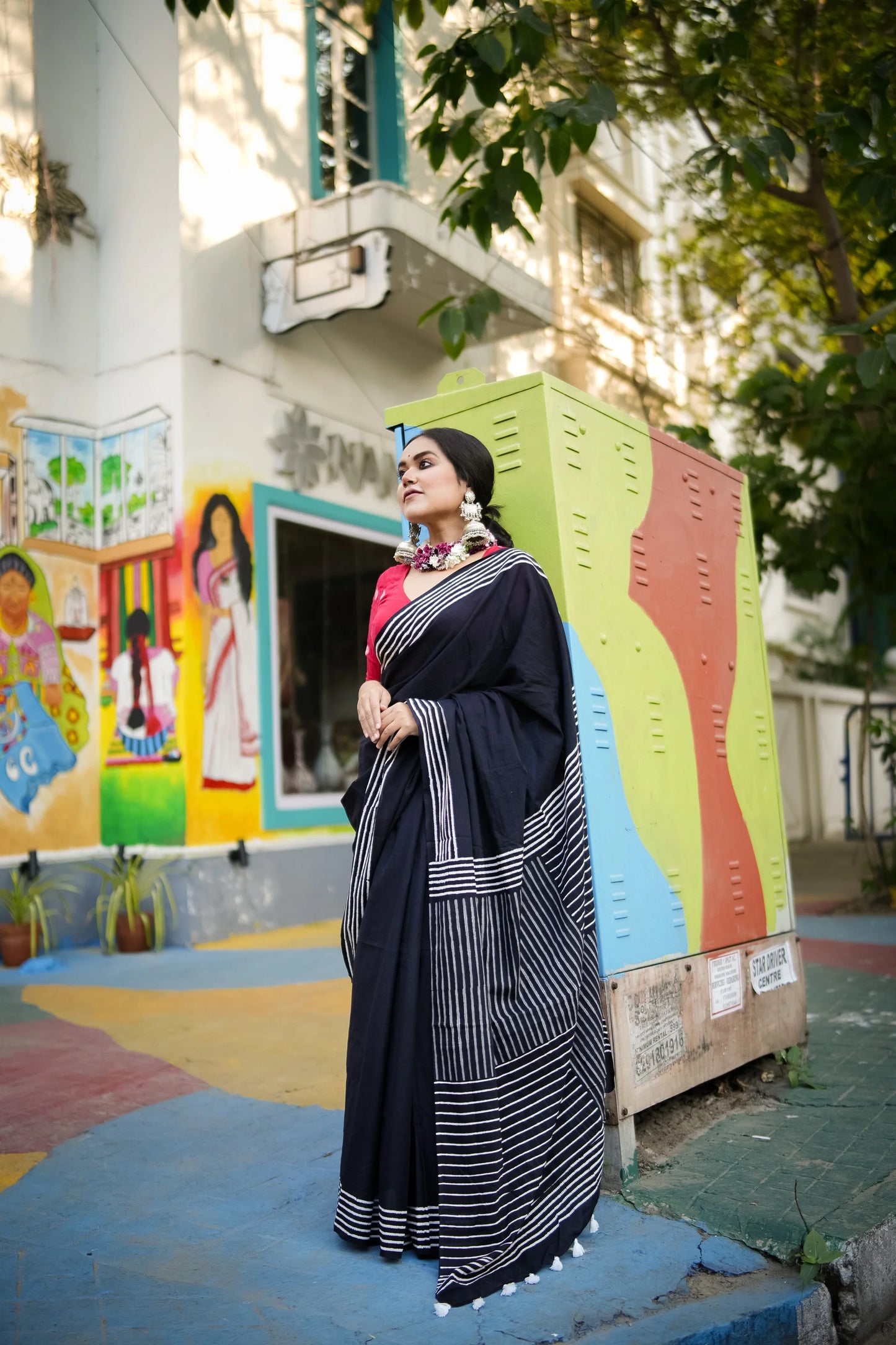 Coal Black - Handblock Print Natural Dyed - Mulmul Cotton Saree