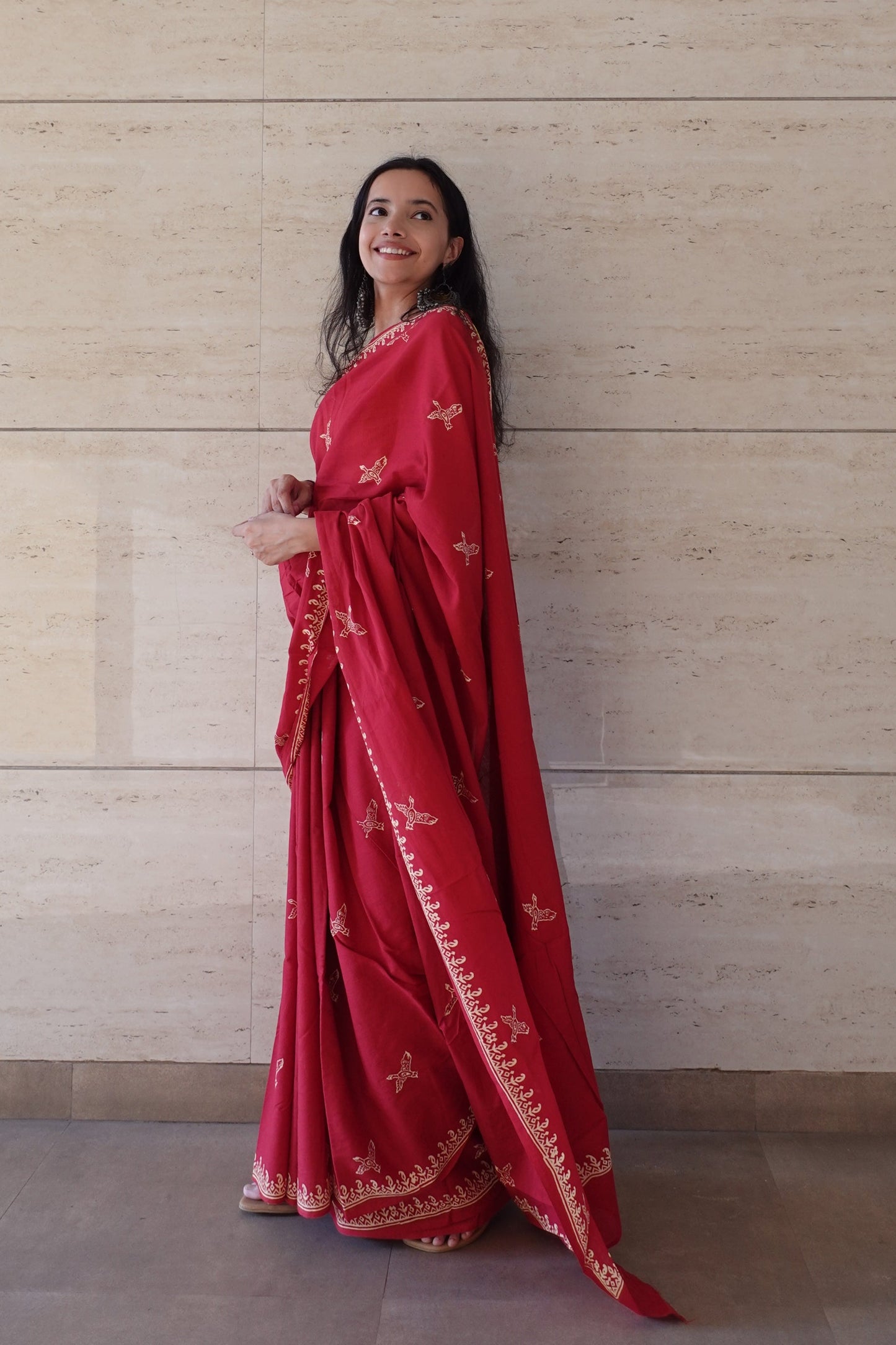 Free Sparrow - Red Handblock Print Natural Dyed - Red Mulmul Cotton Saree