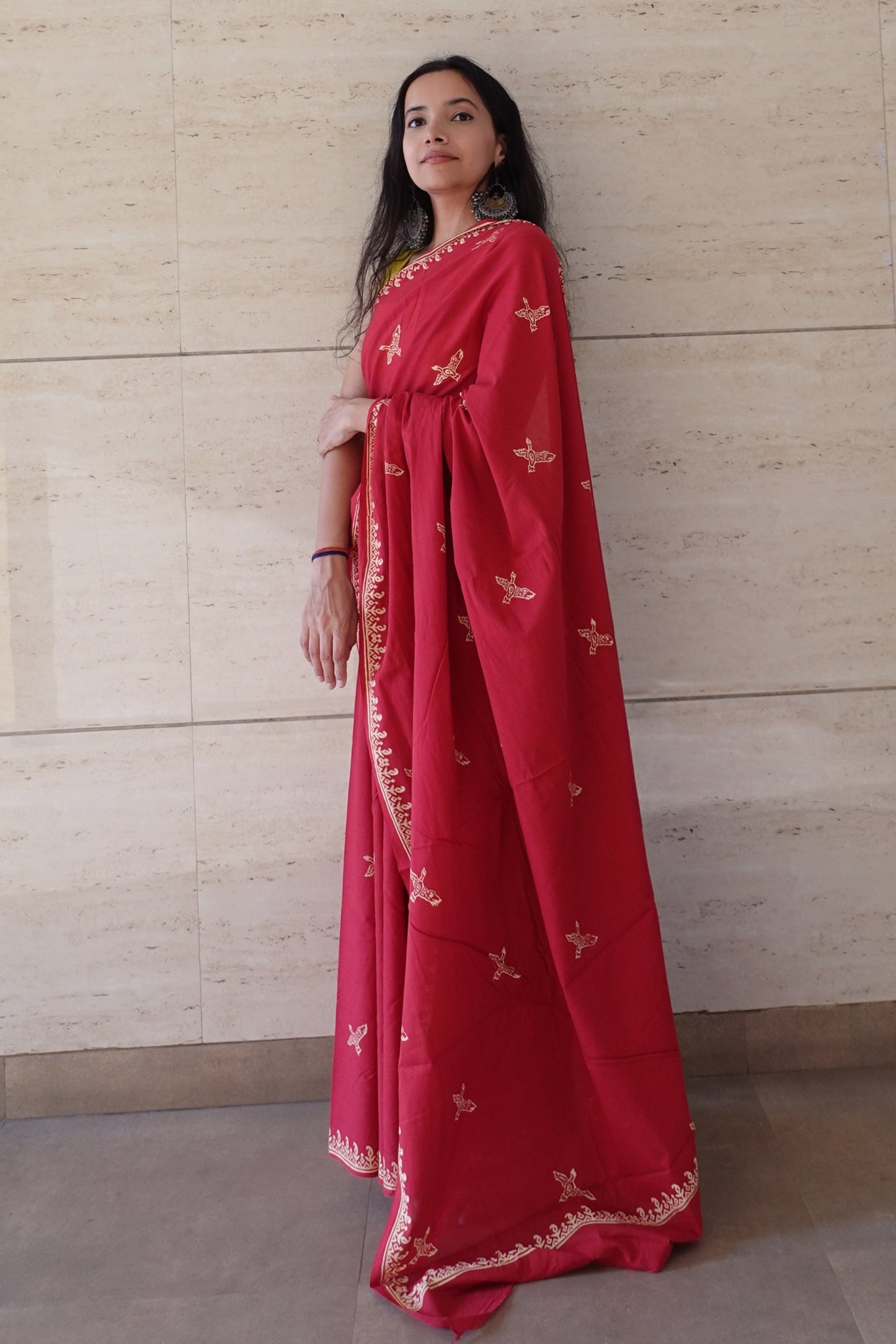 Free Sparrow - Red Handblock Print Natural Dyed - Red Mulmul Cotton Saree