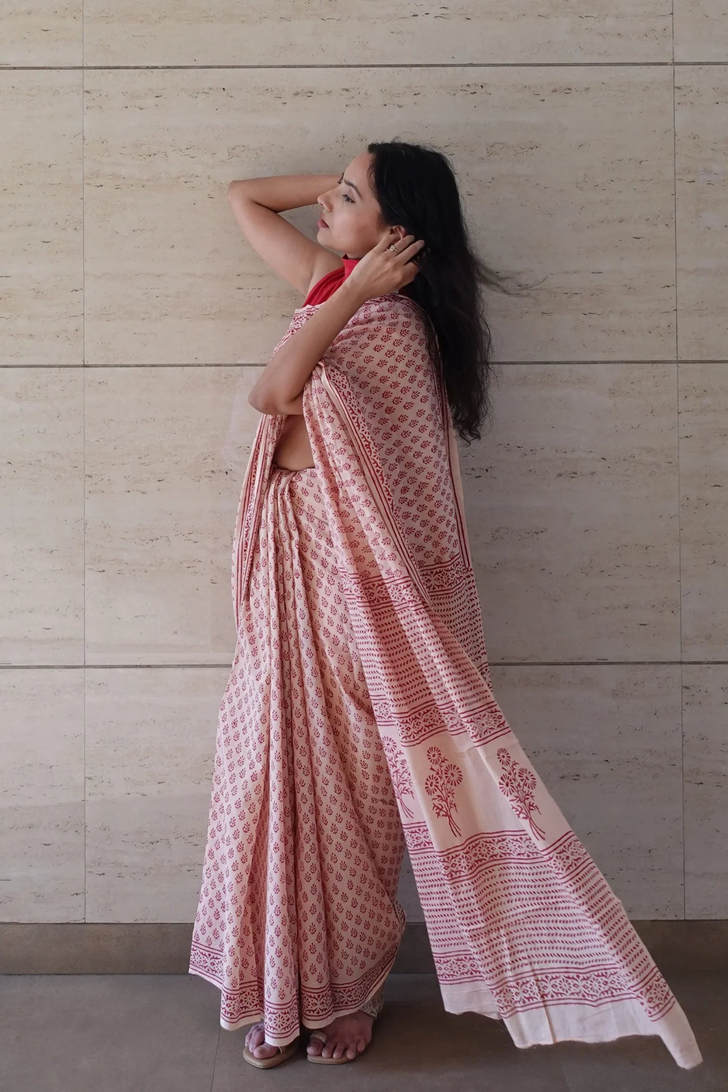 Earthy Essence Saree Handblock Print Natural Dyed - BeigeMulmul Cotton Saree