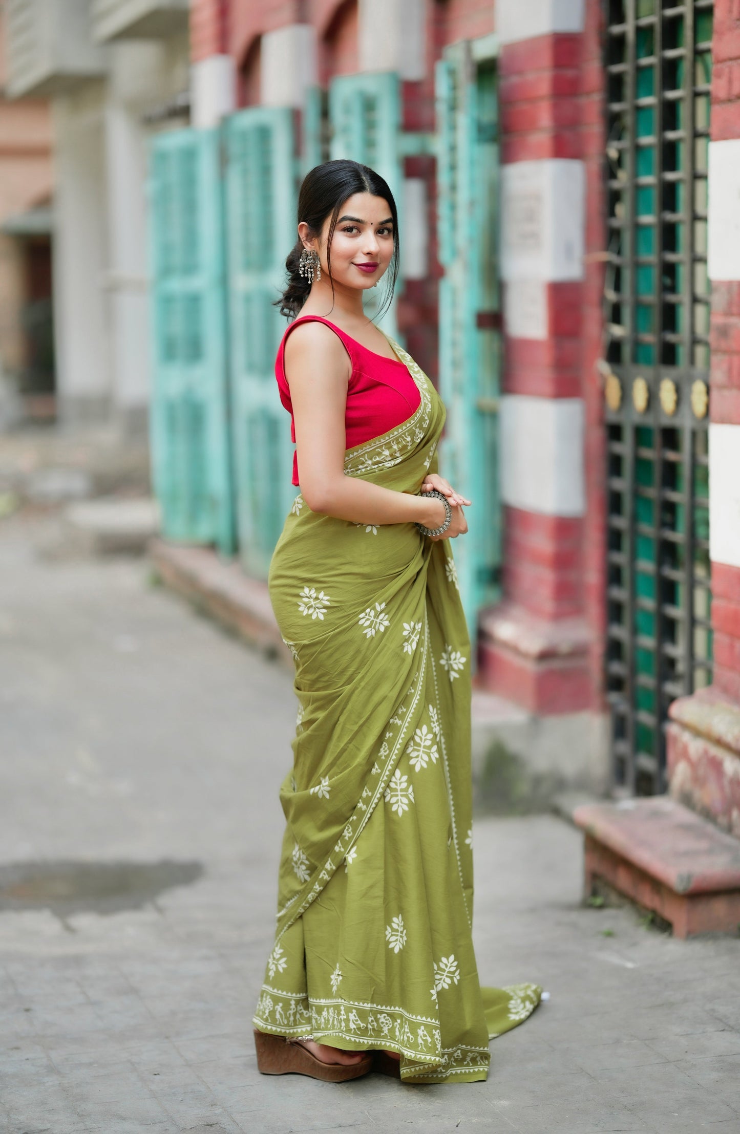 "Fragrance of Heena" - Green Handblock Print Natural Dyed - White Mulmul Cotton Saree