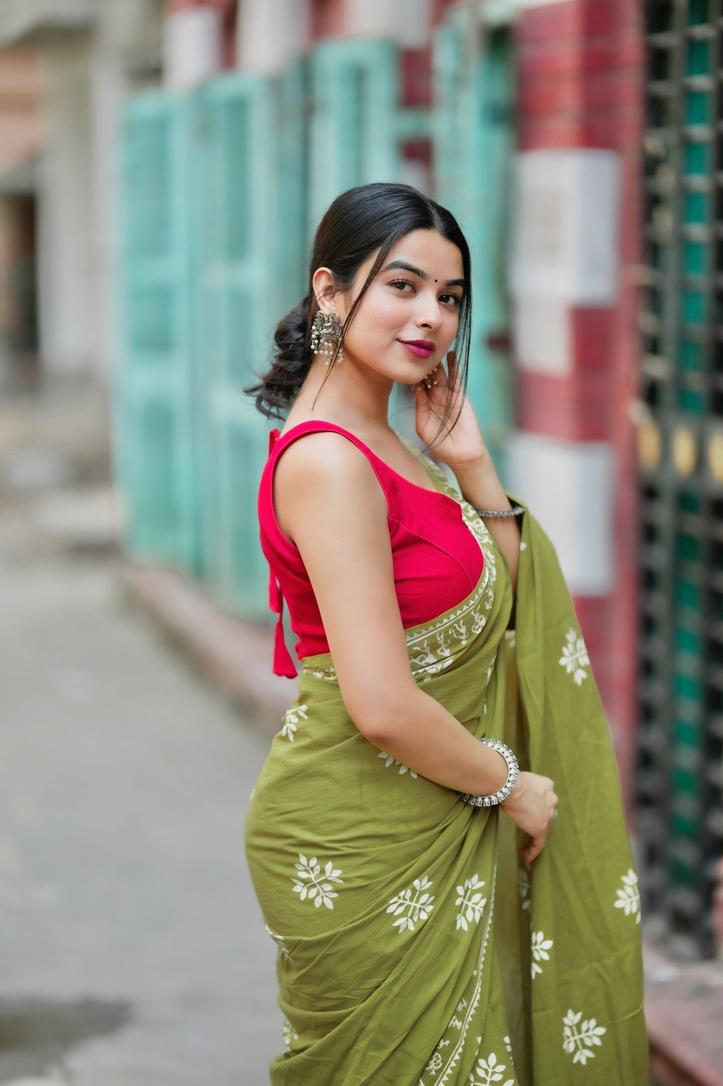 "Fragrance of Heena" - Green Handblock Print Natural Dyed - White Mulmul Cotton Saree