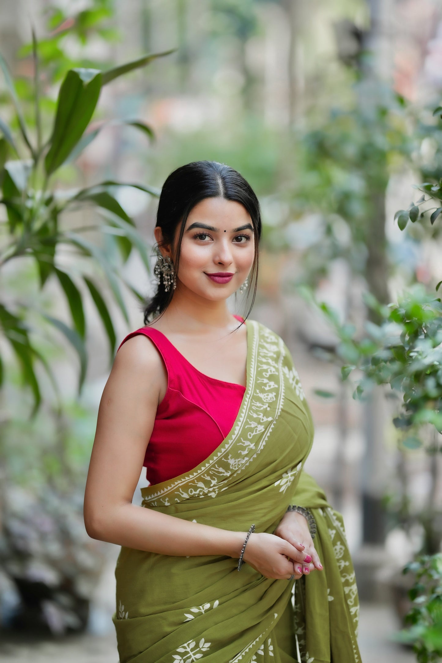 "Fragrance of Heena" - Green Handblock Print Natural Dyed - White Mulmul Cotton Saree