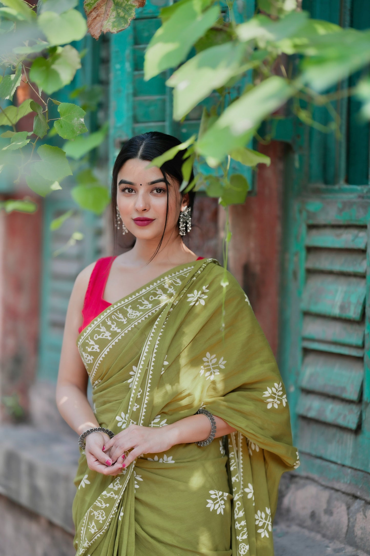 "Fragrance of Heena" - Green Handblock Print Natural Dyed - White Mulmul Cotton Saree