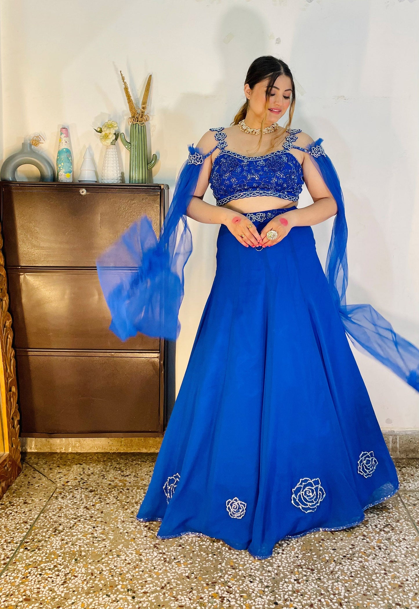 Blue Georgette hand embroidered Cocktail lehenga