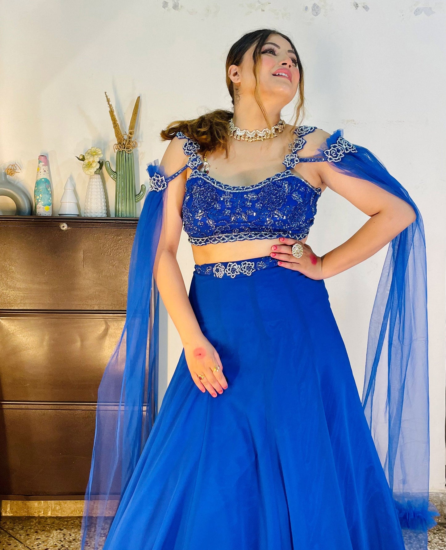 Blue Georgette hand embroidered Cocktail lehenga