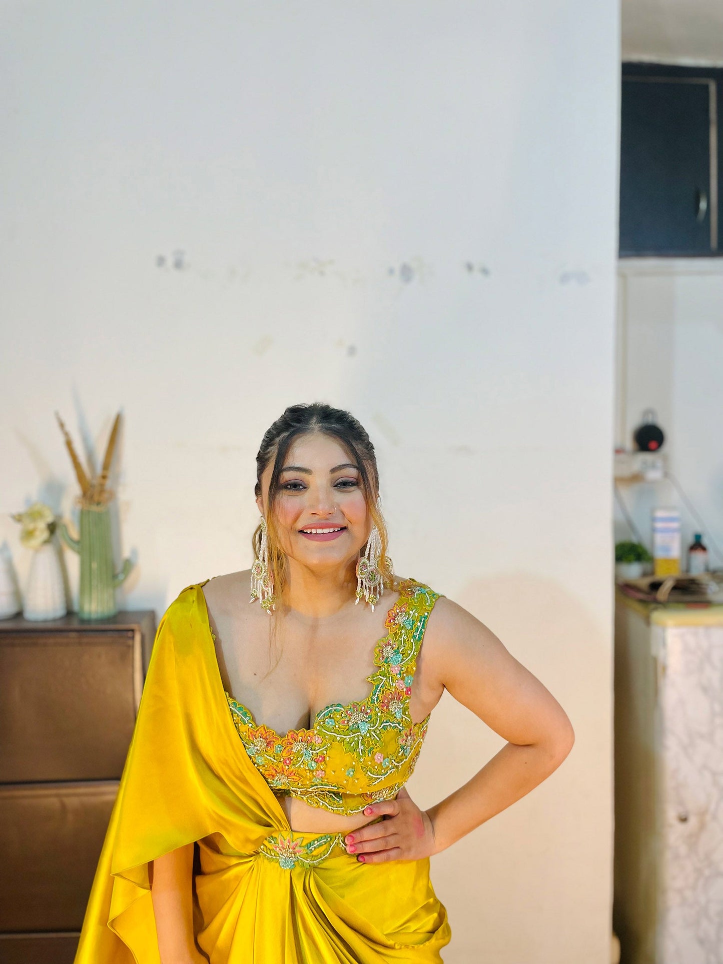 Yellow Satin Haldi Drape Dhoti