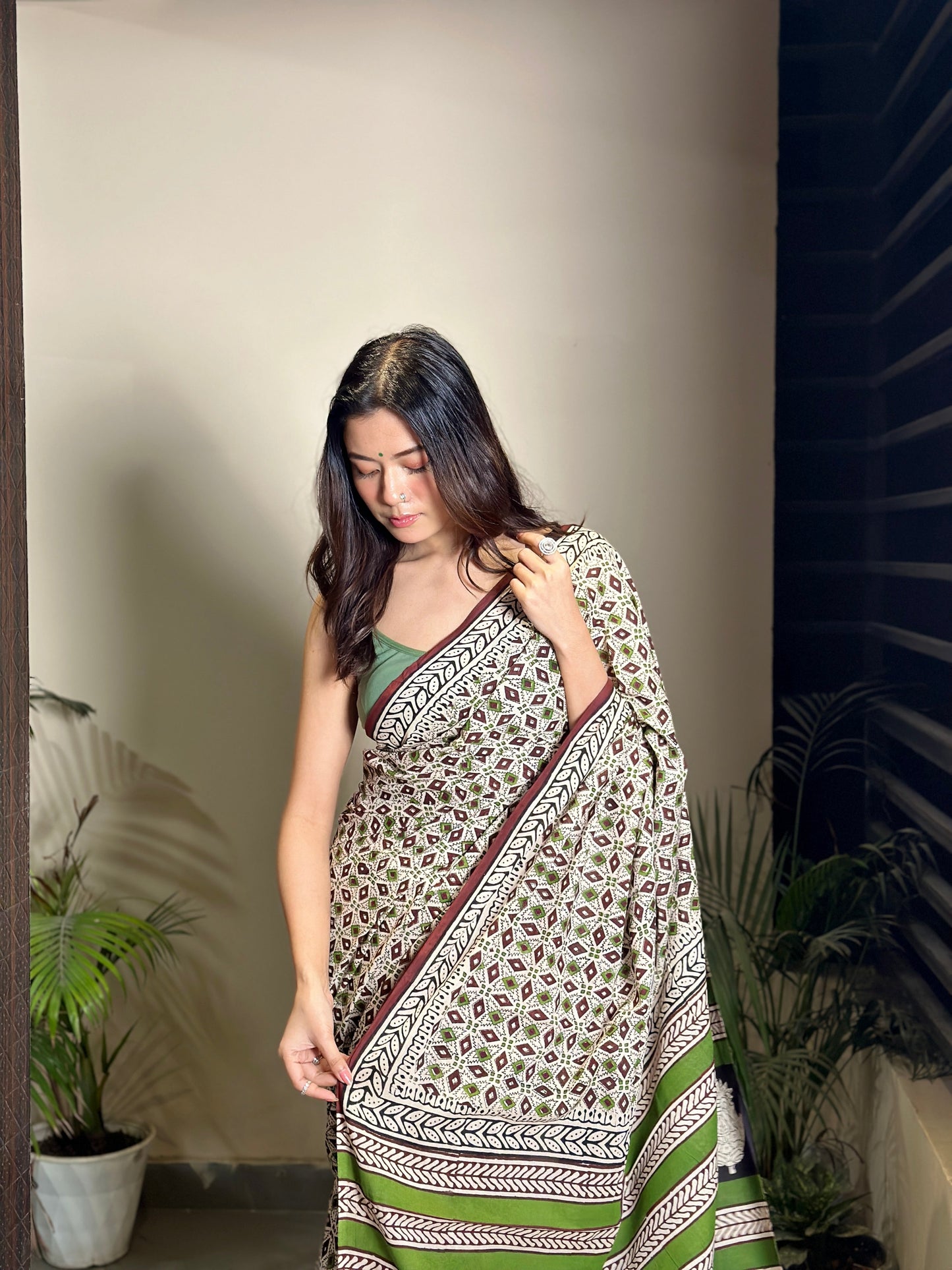 Mandana- green Bagru Natural Dyes Handblock Printed - Cotton Mulmul Saree
