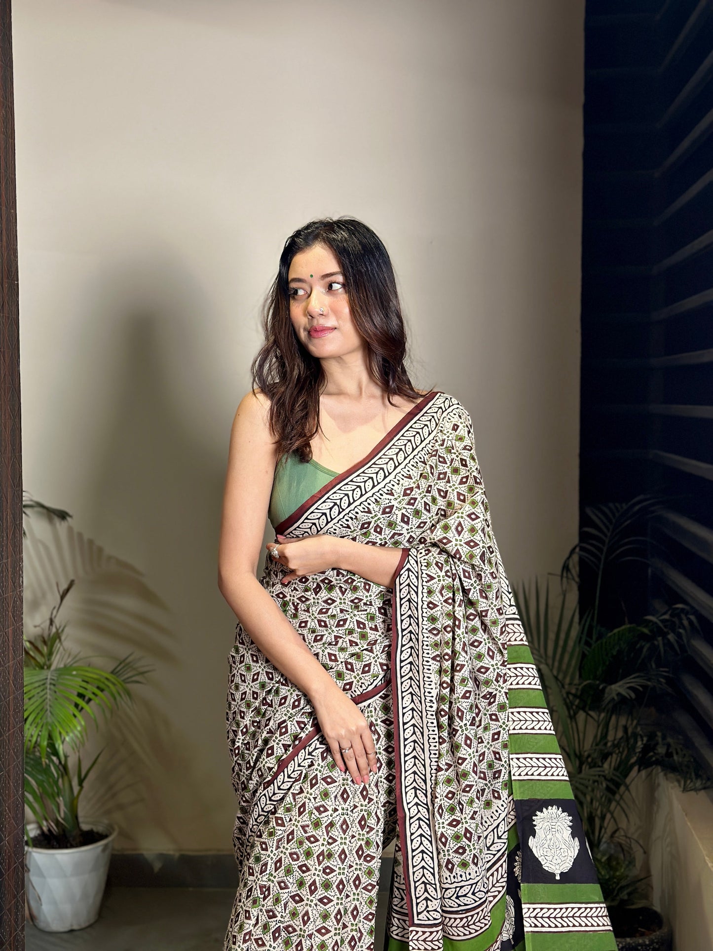 Mandana- green Bagru Natural Dyes Handblock Printed - Cotton Mulmul Saree