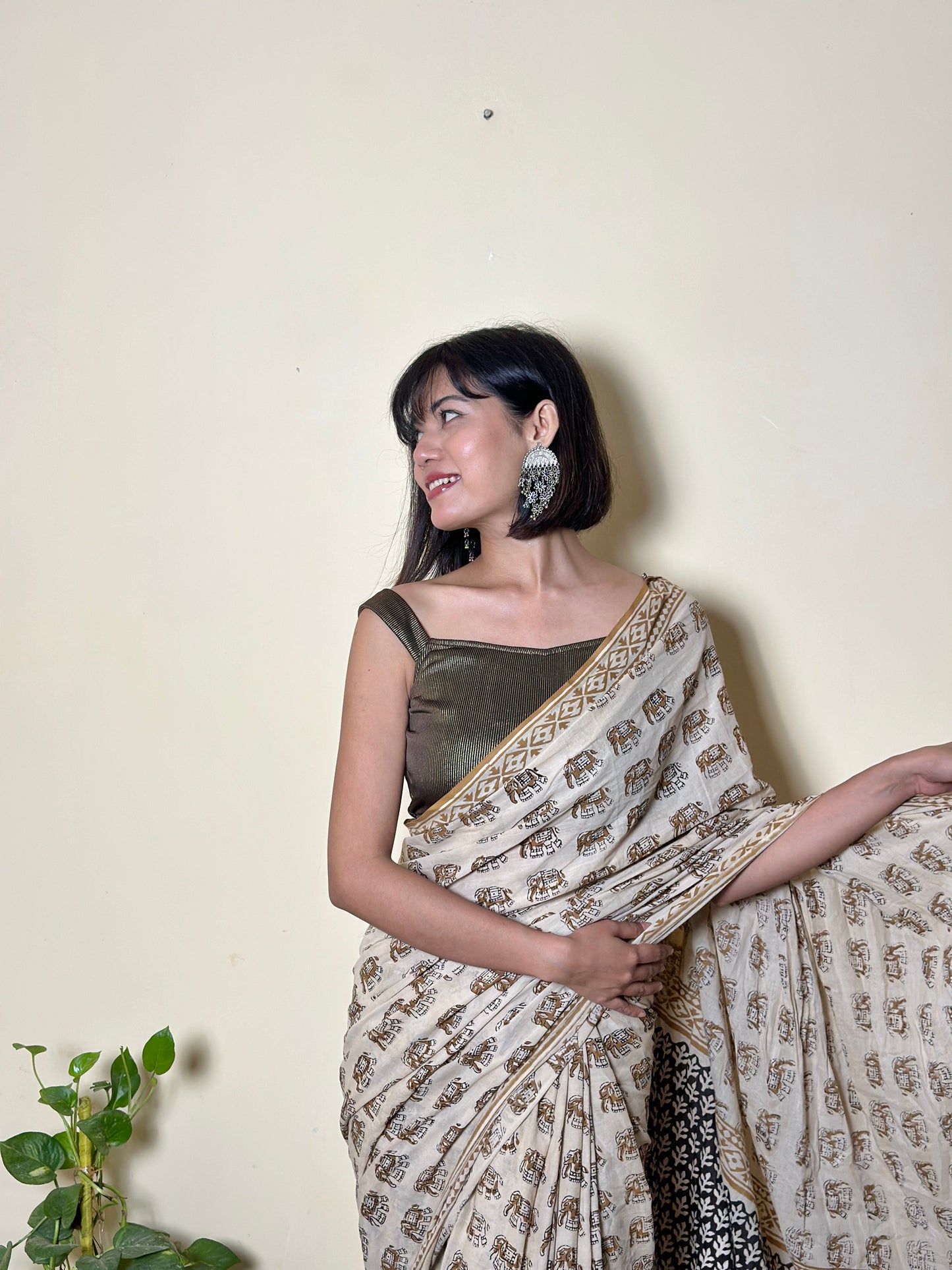 White Caramel Chic Hand block Print Natural Dyed Mul mul Cotton Saree