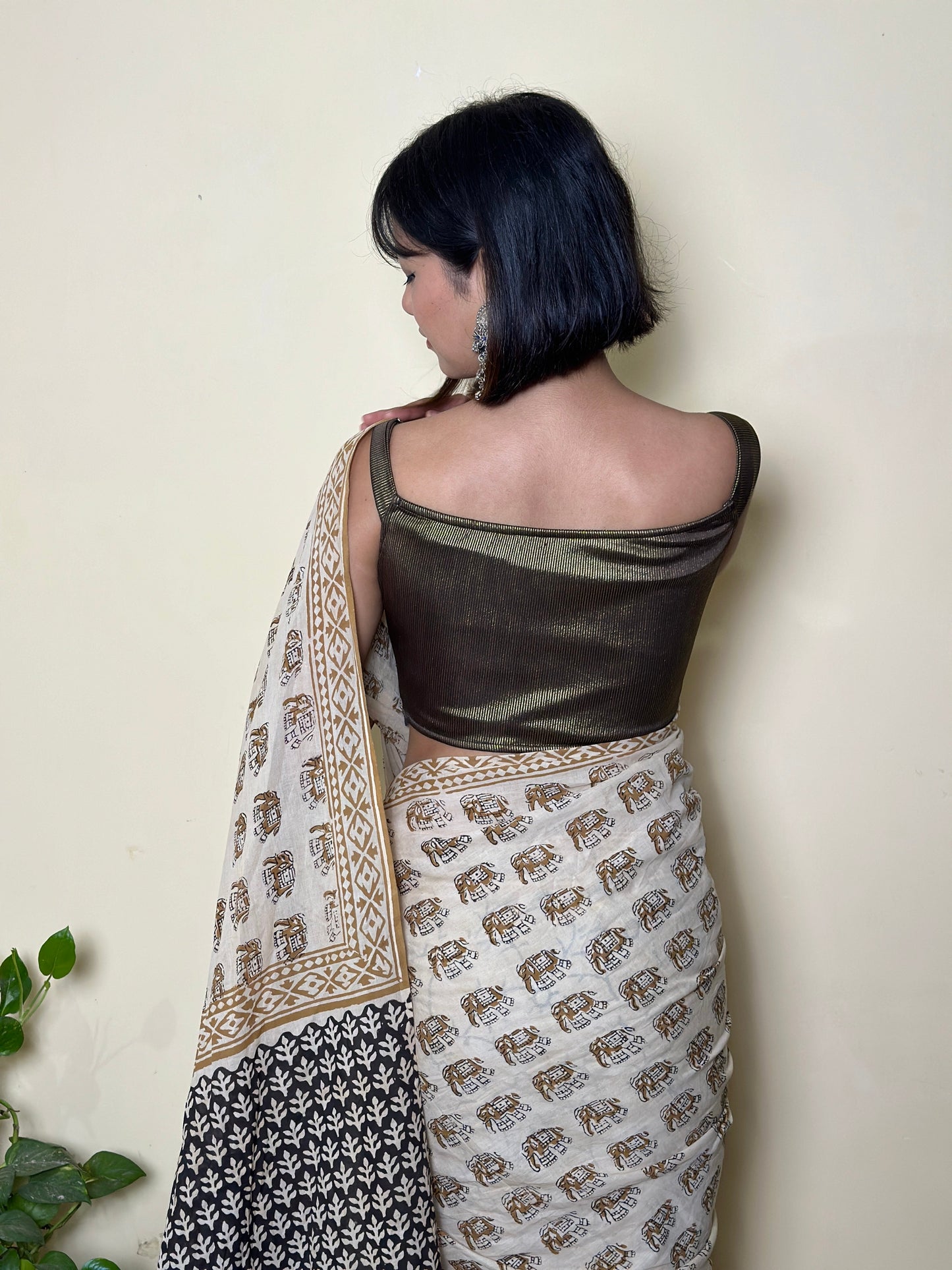 White Caramel Chic Hand block Print Natural Dyed Mul mul Cotton Saree