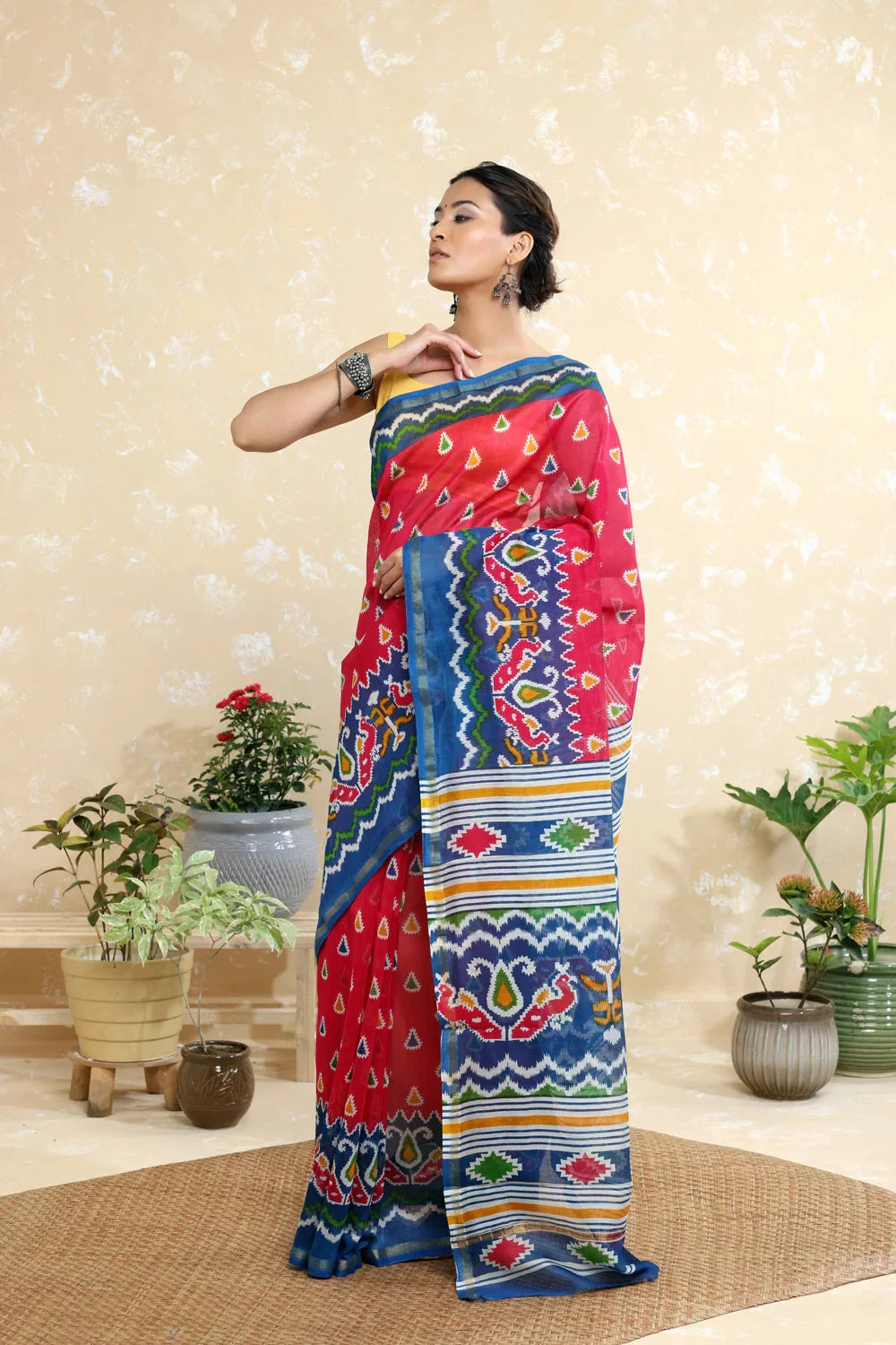 Handloom Magenta Block Print Chanderi Cotton Saree
