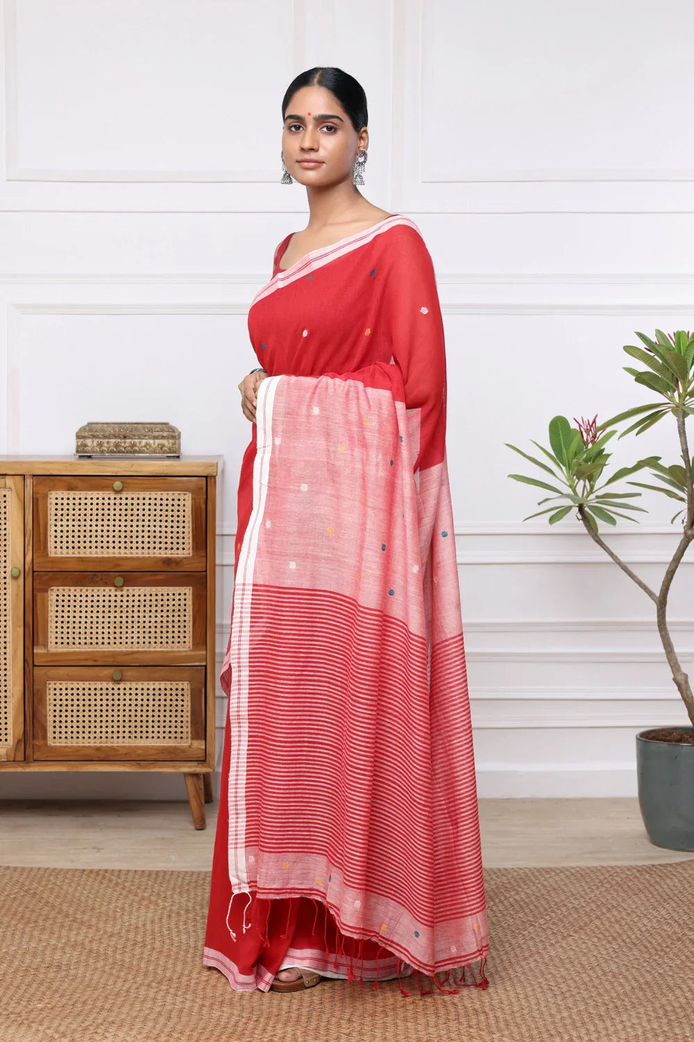 Handloom Red Pure Cotton Saree with Polka Dot Motifs