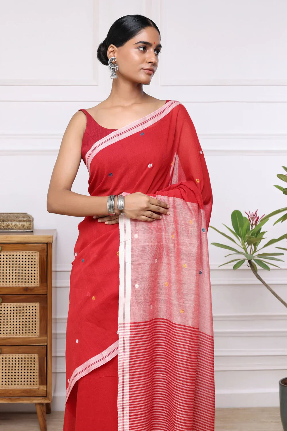 Handloom Red Pure Cotton Saree with Polka Dot Motifs