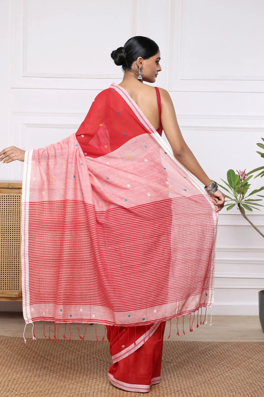 Handloom Red Pure Cotton Saree with Polka Dot Motifs