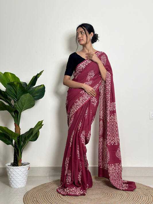 Magenta Mystique - Handblock Print Natural Dyed - Mulmul Cotton Saree