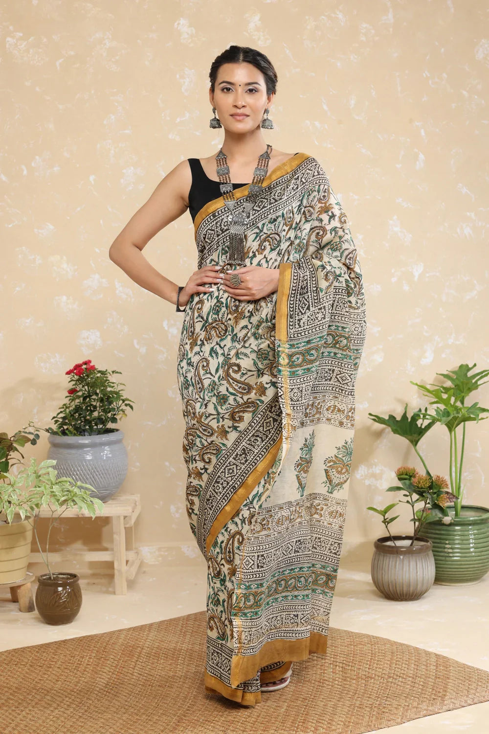 Handloom Brown Floral Block Print Chanderi Cotton Saree With Yellow Border