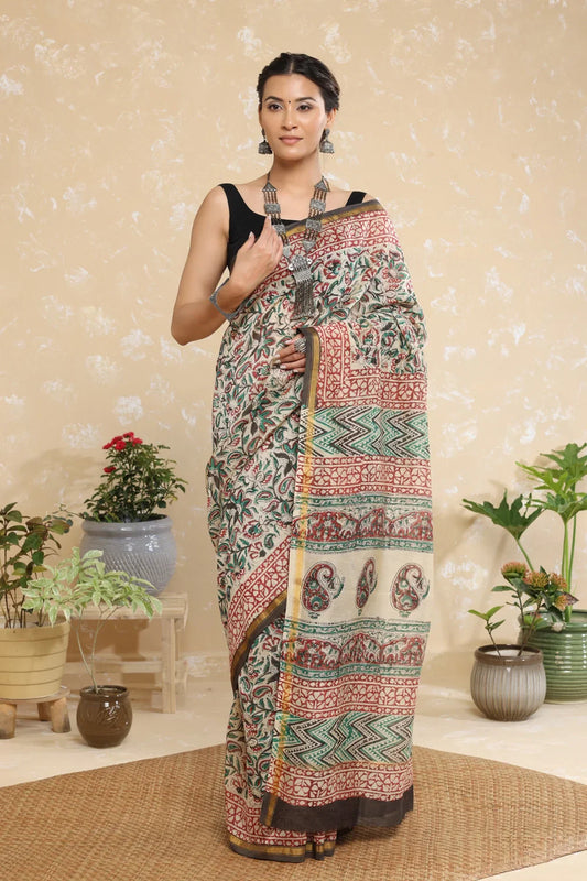 Handloom Brown Floral Block Print Chanderi Cotton Saree With Black Border