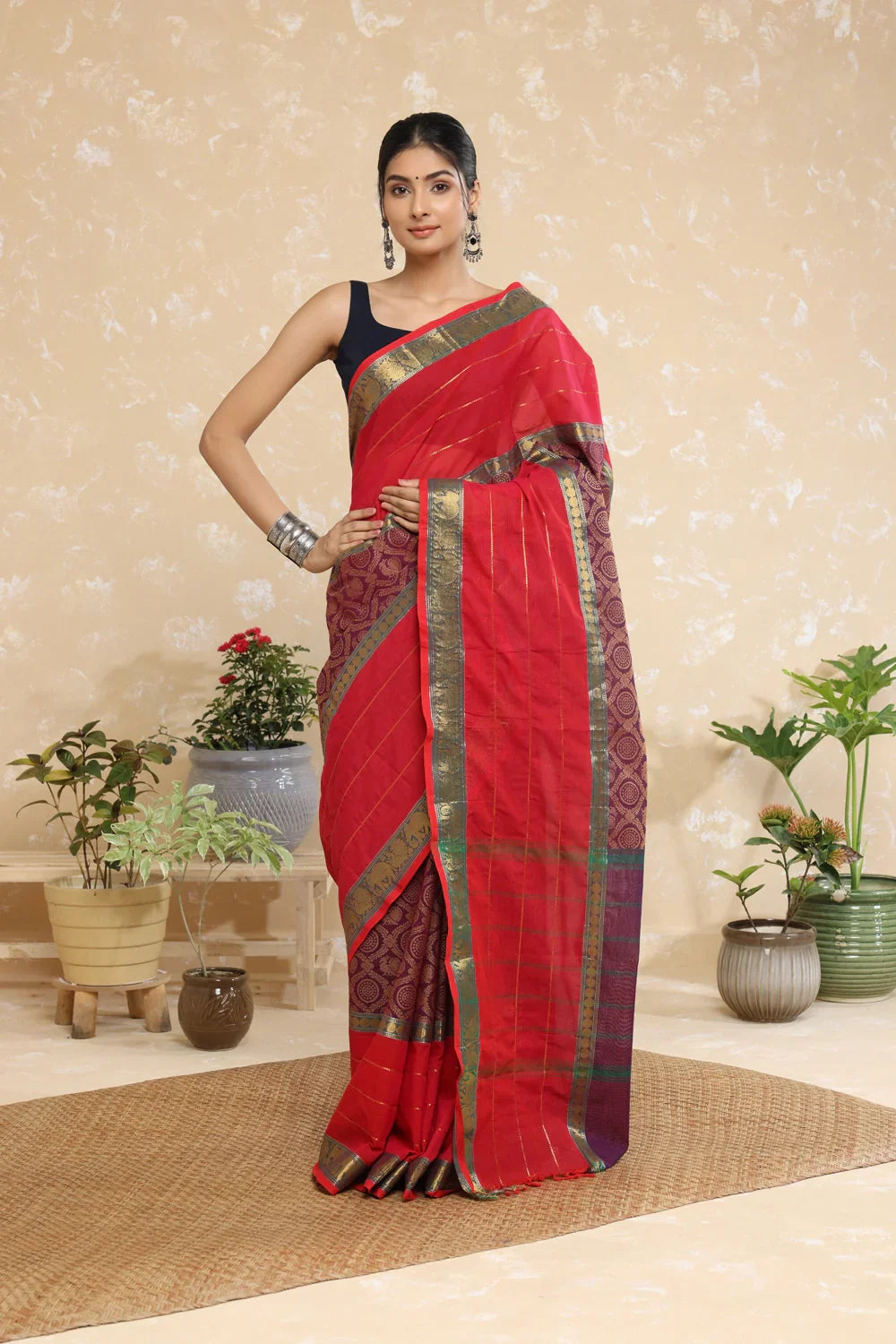 Handloom Magenta Pink & Purple Pure Cotton Kanchi Saree with Gold Zari Border