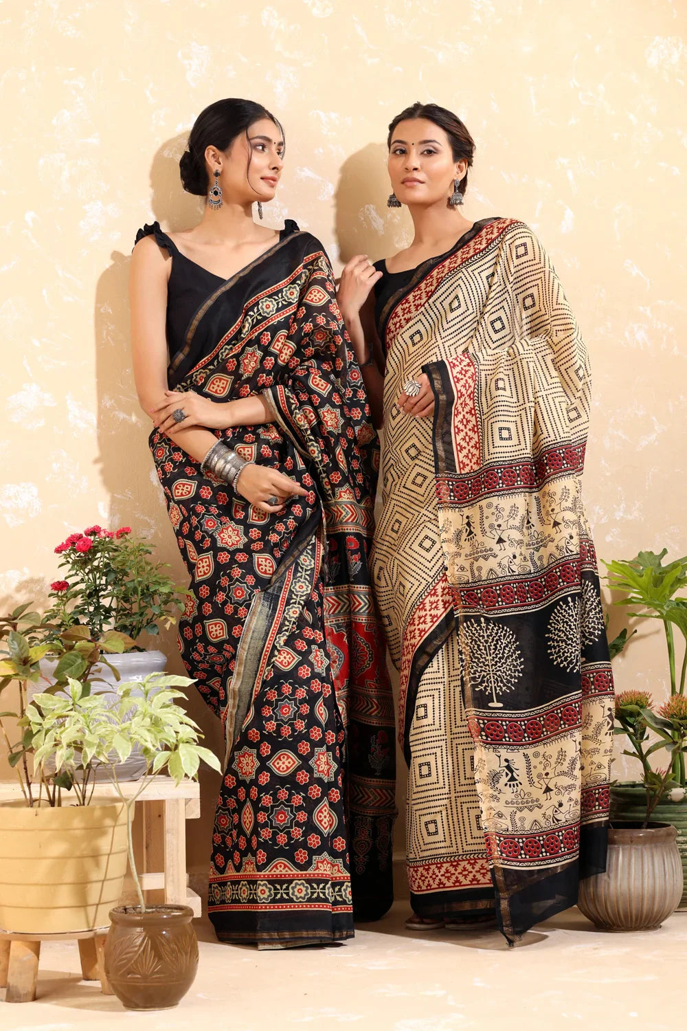 Handloom Tan Brown  Block Print Chanderi Cotton Saree