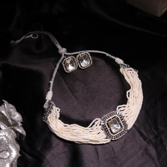 Zevar Club Rhodium Plated Ivory Fine Pearl Choker