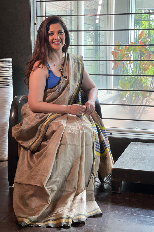 Handloom Bhaglpur Beige Pure Silk Saree With Woven Navy Blue Motifs