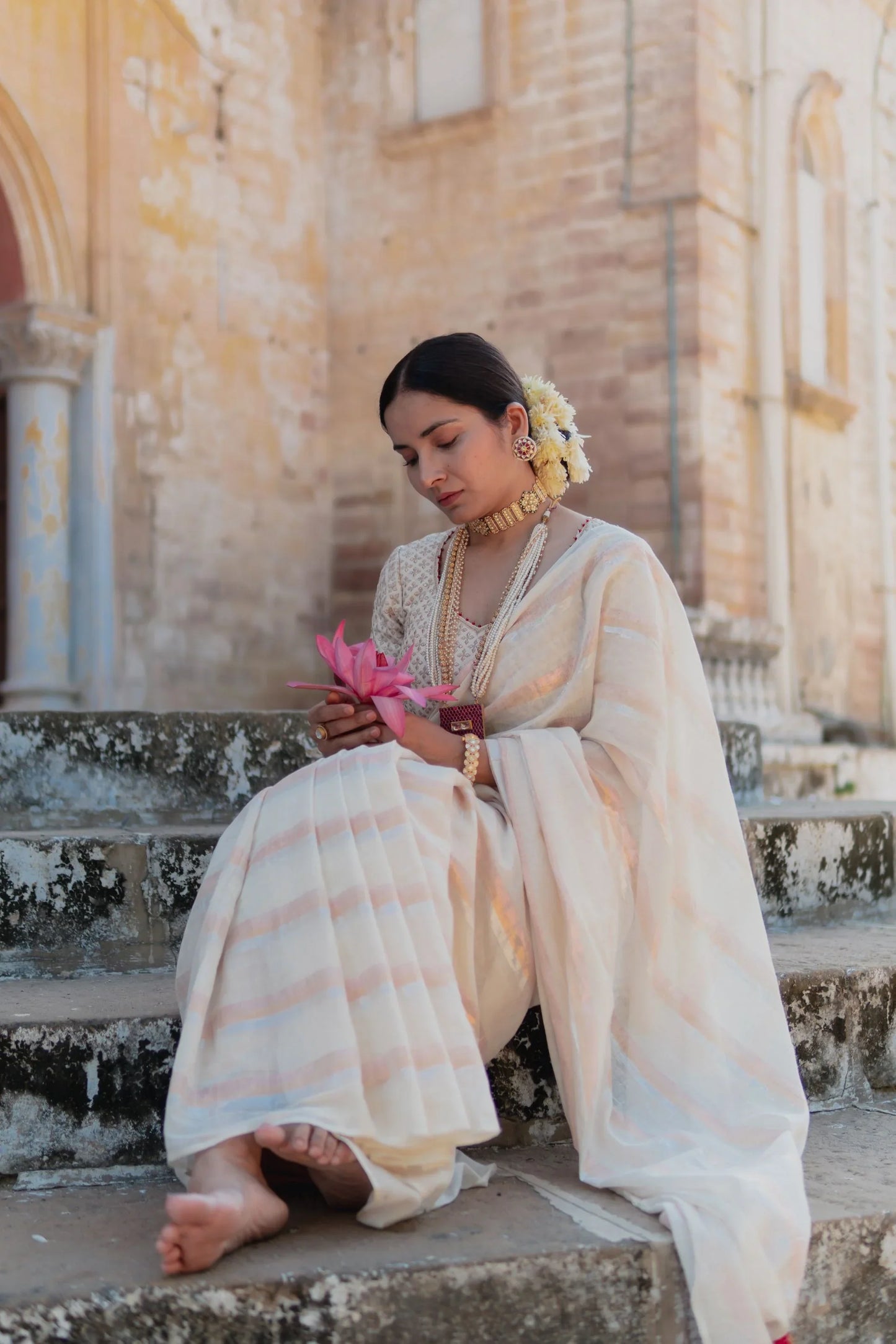 Kori off White Cotton Mulmul Saree